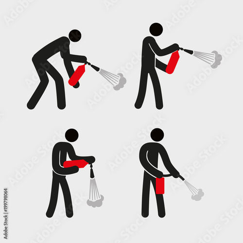 A stylized simplistic man holds a fire extinguisher. Different poses. Examples of using. Vector graphics