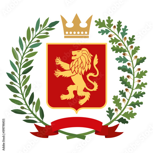 Heraldic image. On the red coat of arms is a gold stylized lion. On top of the decorative crown, on each side are green branches. Olive a symbol of peace and oak a symbol of valor. Color vector illust