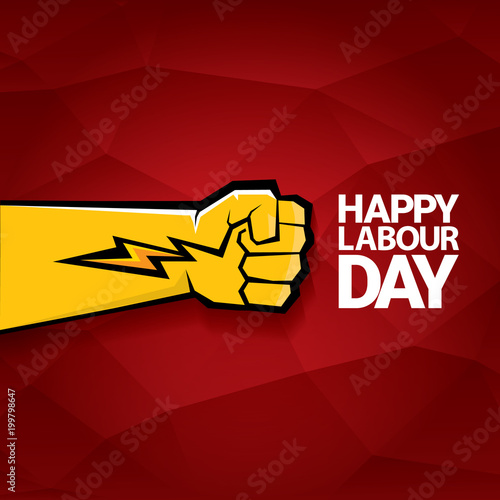 Happy labour day vector label with strong orange fist on red background. labor day background or banner with man hand. may day poster