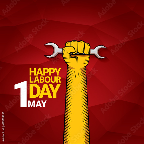 Happy labour day vector label with strong orange fist on red background. labor day background or banner with man hand. may day poster