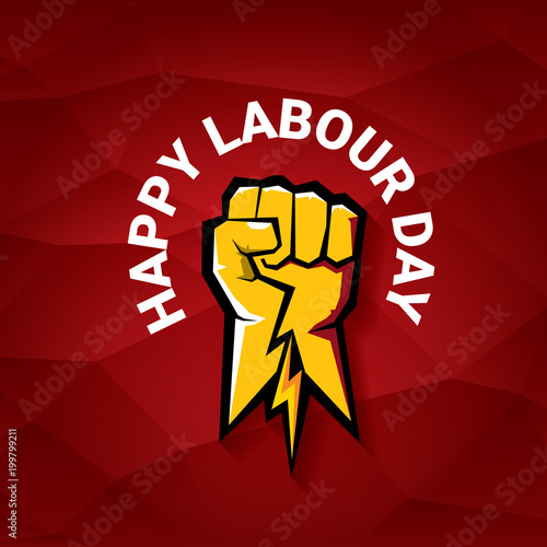 Happy labour day vector label with strong orange fist on red background. labor day background or banner with man hand. may day poster