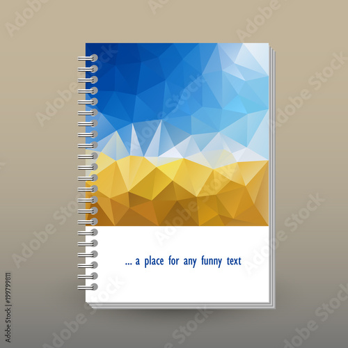 vector cover of diary or notebook with ring spiral binder - format A5 - layout brochure concept - blue sky over yellow harvest colored -  polygonal triangle pattern
