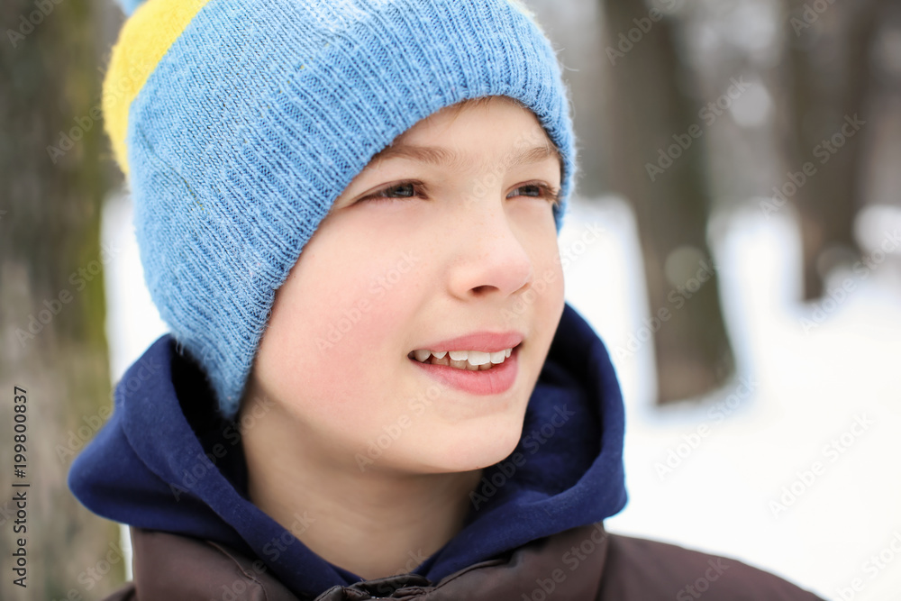Cute boy on frosty day outdoors. Winter vacation Cute boy on frosty day outdoors. Winter vacation