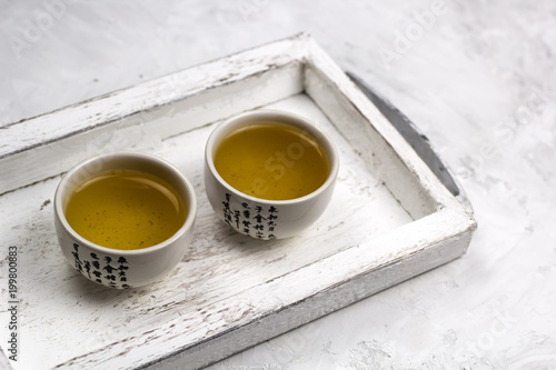 green tea bowls with hieroglyph vintage wooden tray