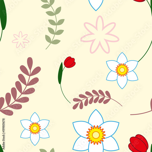 Colorful Floral Greeting card. International Happy Mothers Day with Bunch of Spring Flowers. Womens Day. Holiday background. Beautiful bouquet. Trendy Design Template. Seamless pattern.