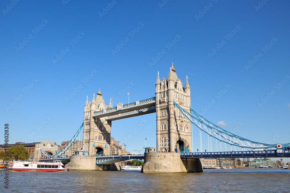 Tower Bridge in London, UK. Sunny day, blue sky.