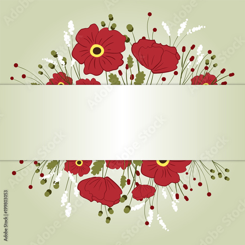 Composition of poppies and wild flowers on a light background. Card.