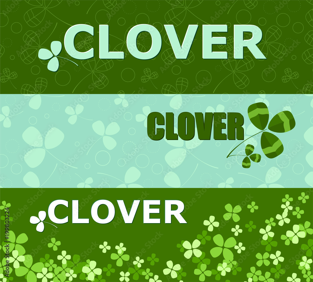 Fototapeta premium Set of horizontal banners with green clover and place for your text.