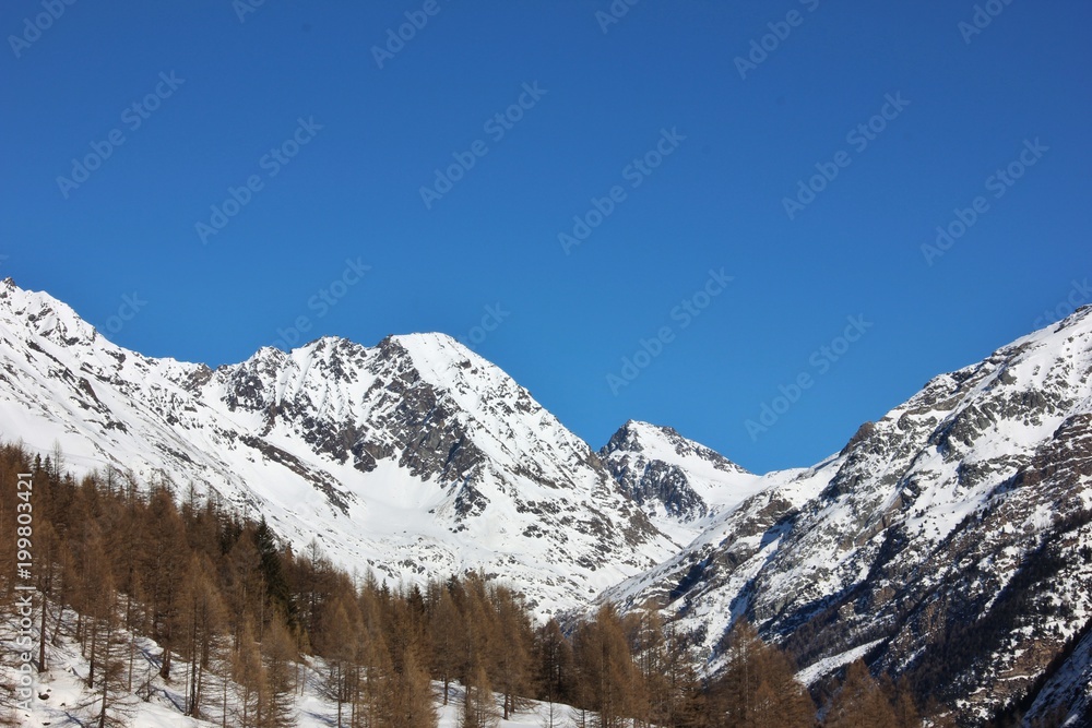 Valley of Valnontey, snowy landscape. Aosta Valley, Gran Paradiso National Park, Italy