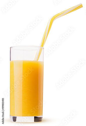 Glass of fresh orange juice with a yellow striped straw