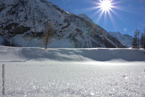 Valley of Valnontey, snowy landscape. Aosta Valley, Gran Paradiso National Park, Italy