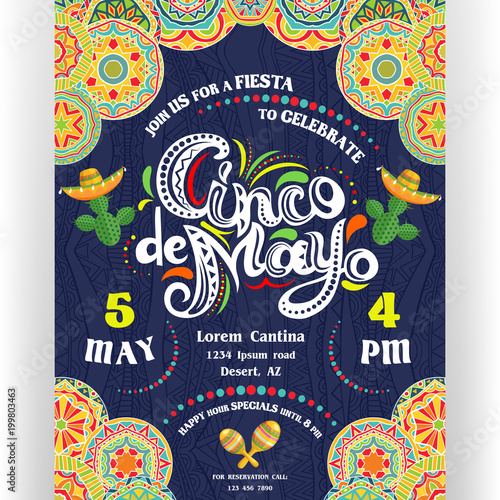 Cinco De Mayo announcing poster template. Ornate lettering, sombreros and cactuses. Mexican style rich ornamented border.