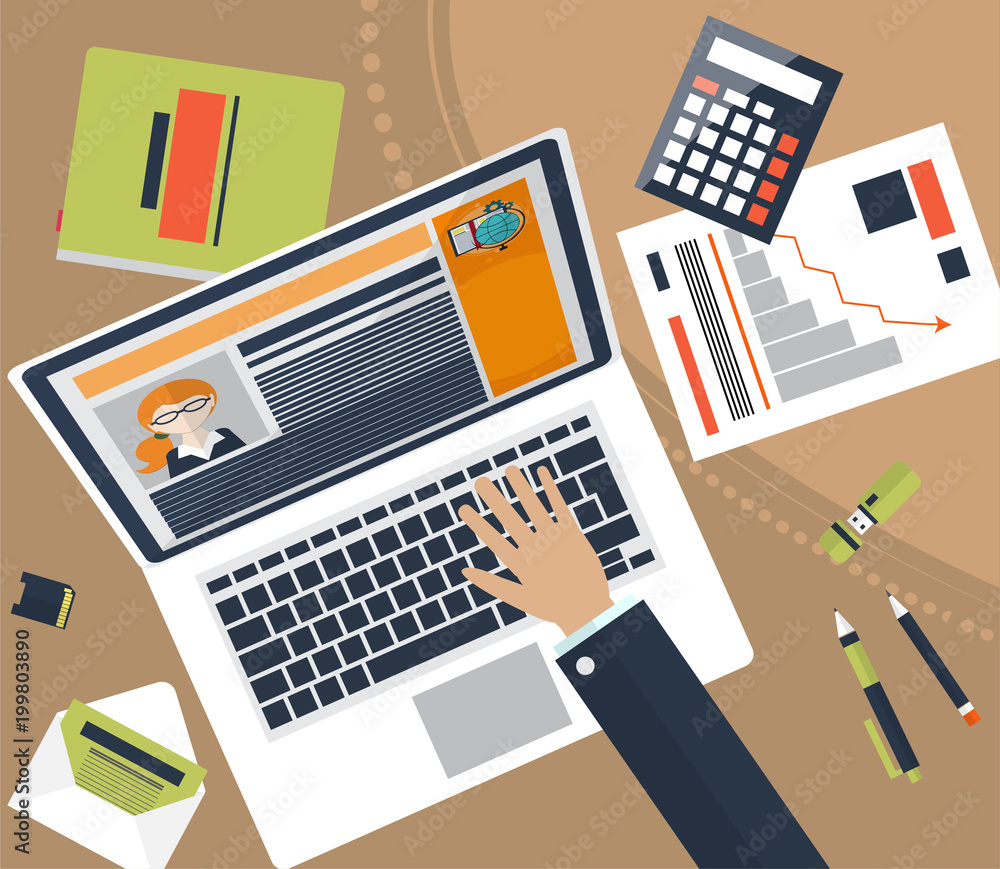 Top view of workplace with documents and laptop. Concepts for business analysis, consulting, teamwork, project management, financial report strategy. Top view of workplace with documents and laptop. Concepts for business analysis, consulting, teamwork, project management, financial report strategy.
