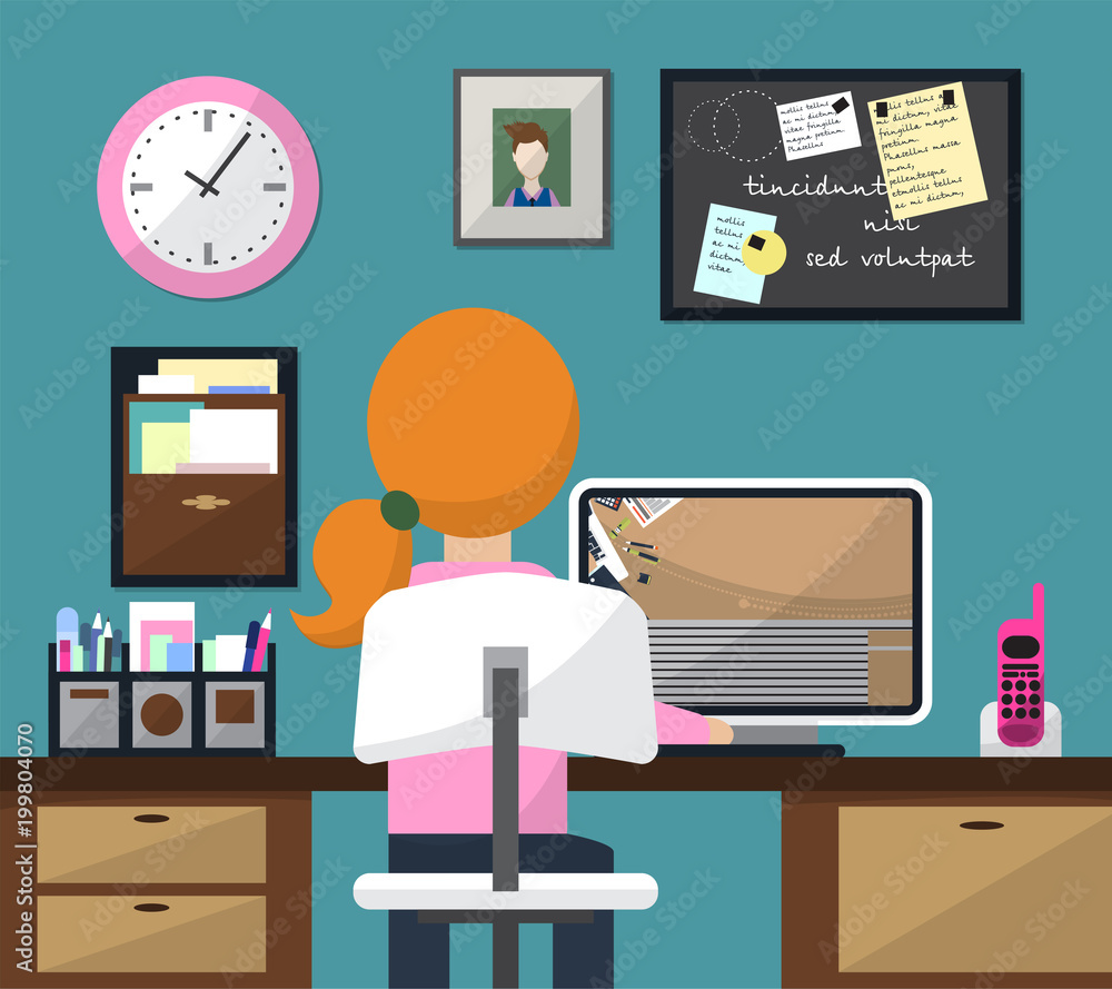 Flat design illustration of room with workspace. Girl at work. Flat design illustration of room with workspace. Girl at work.