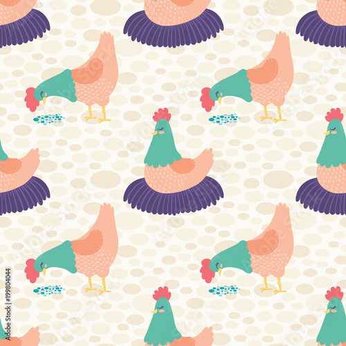 Vector Bright Cream Hens Seamless Pattern Background.