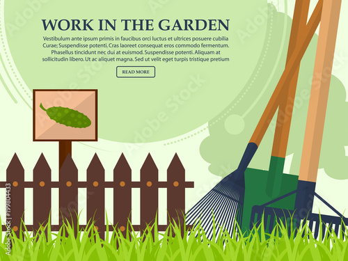 Garden tools and a fence on a light background with place for your text.