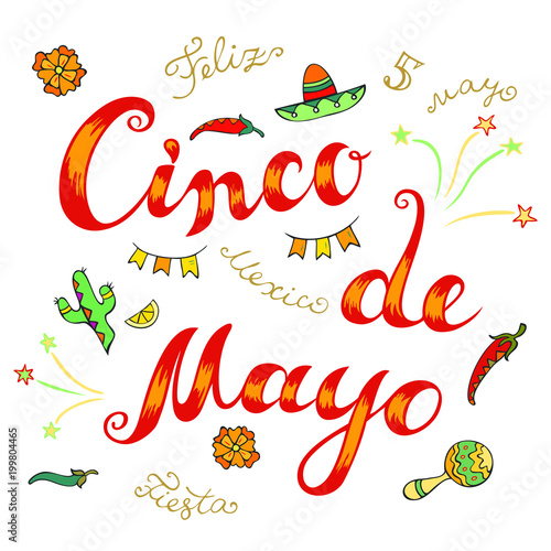Cinco De Mayo letters and doodle style elements.