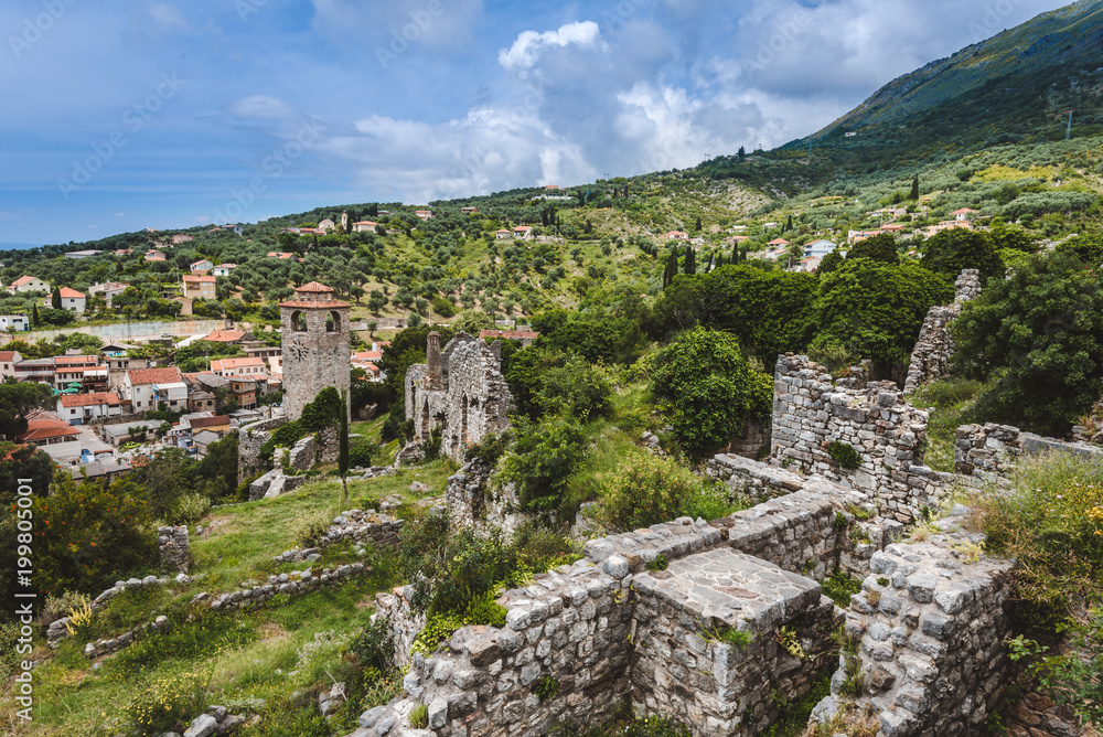 Stari Bar panoramic view- ruined medieval city and archeological place on Adriatic coast, Unesco World Heritage Site. Montenegro landscape.