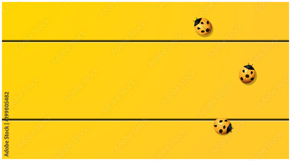 Fototapeta premium Yellow tone background with ladybugs on yellow wooden board , vector , illustration