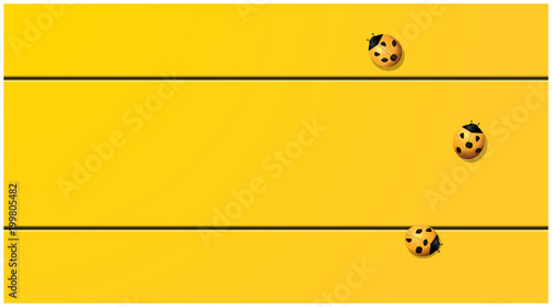 Yellow tone background with ladybugs on yellow wooden board , vector , illustration