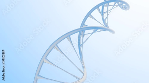 Close angle of DNA silver strand, Double Helix - blue and white background, promotional and business