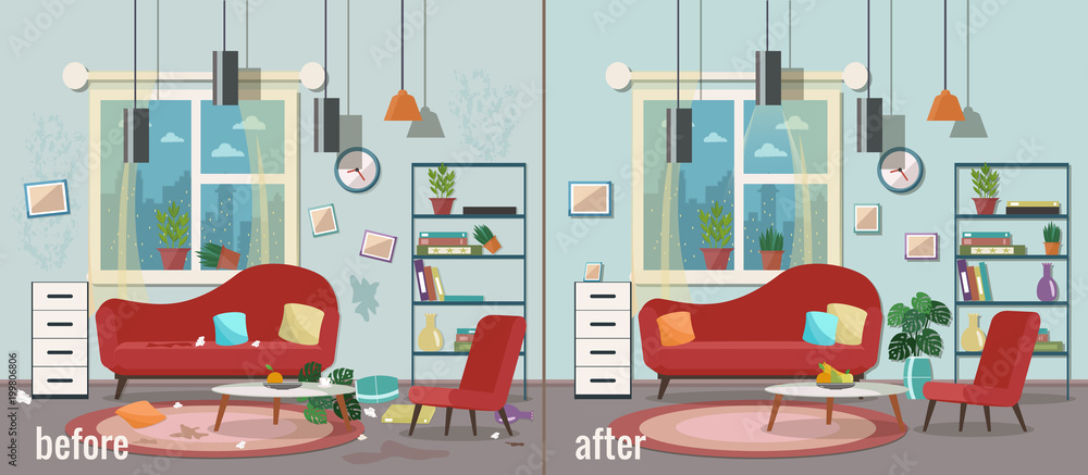 Naklejka premium Living room before and after cleaning. Vector flat illustration.