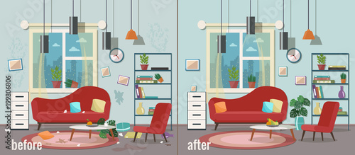 Living room before and after cleaning. Vector flat illustration.