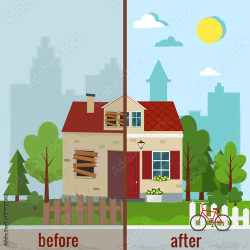 House before and after repair vector illustration. Flat design.