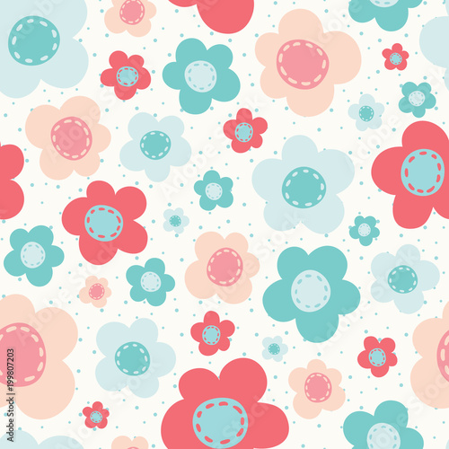 Vector Bright Colorful Flowers Pink Blue White Seamless Pattern