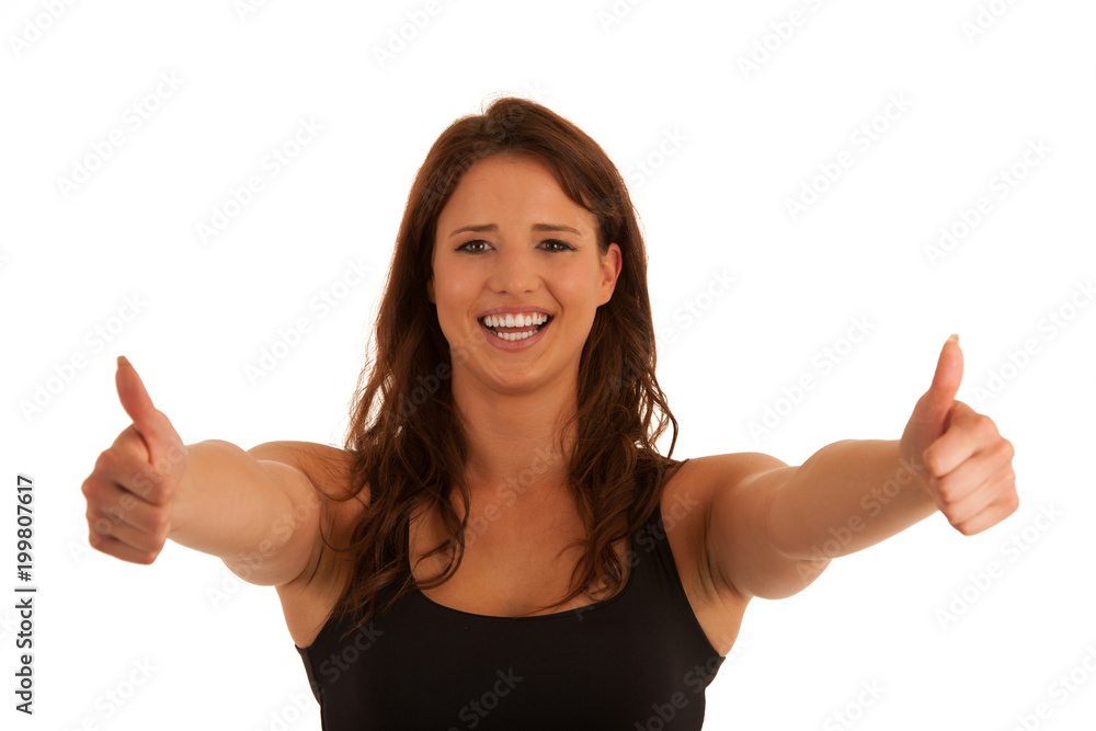 Beautiful young brunette woman gesturing success with thumb up isolated over white background Beautiful young brunette woman gesturing success with thumb up isolated over white background