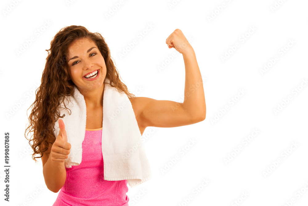 Active young sporty fit woman gesture power with her arms up isolated over white Active young sporty fit woman gesture power with her arms up isolated over white