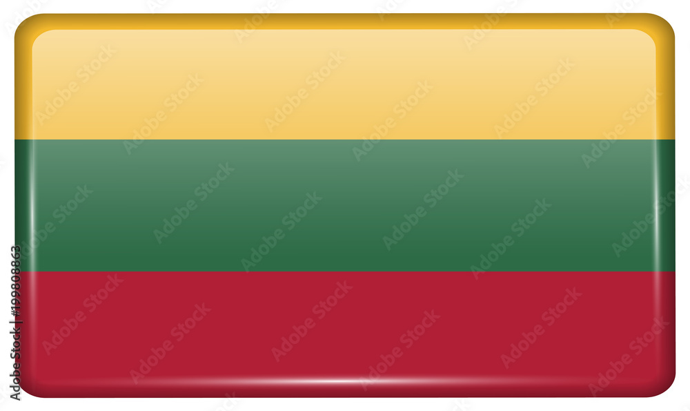 Naklejka premium Flags Lithuania in the form of a magnet on refrigerator with reflections light.