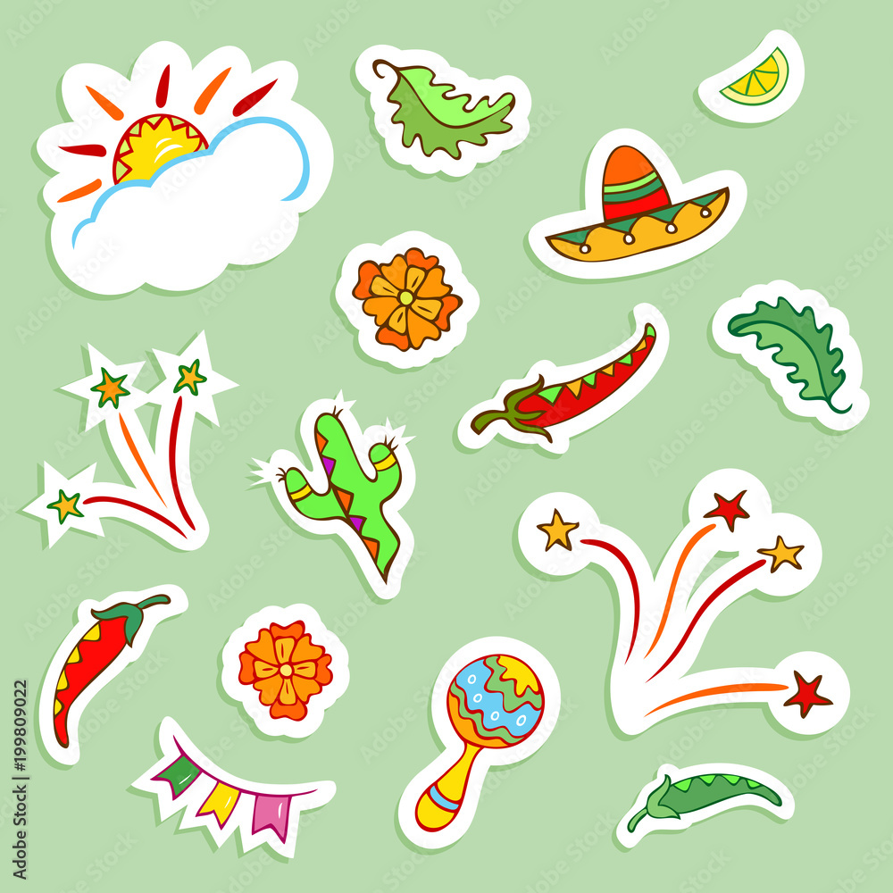 Mexican icons collection. Doodle style elements. Stickers effect with shadows. Mexican icons collection. Doodle style elements. Stickers effect with shadows.
