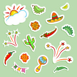 Mexican icons collection. Doodle style elements. Stickers effect with shadows.