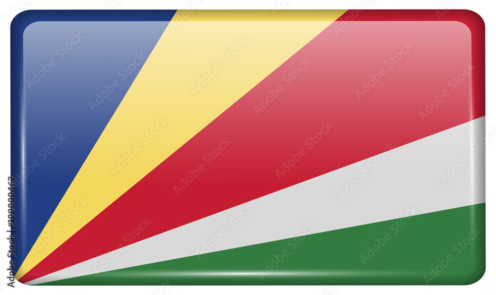Flags SEYCHELLES in the form of a magnet on refrigerator with reflections light.
