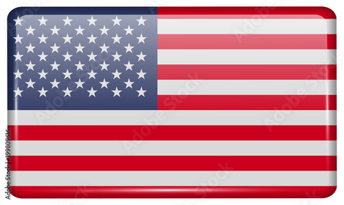Flags USA in the form of a magnet on refrigerator with reflections light.