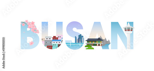 Busan banner vector illustration. Beautiful attractions of Busan inside text. Travel Korea concept.