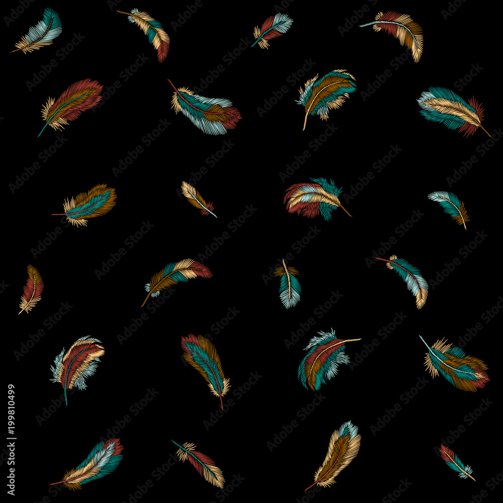 Obraz premium Colorful feathers embroidery seamless pattern. Boho tribal clothes indian bird classic embroidered background. Fashionable template design vector illustration