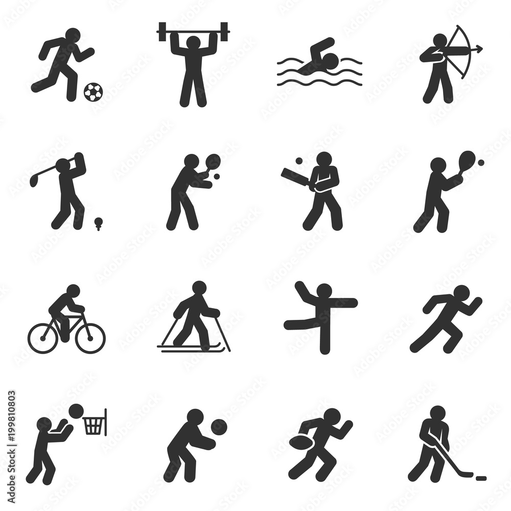 Sport. Monochrome icons set. Different kinds of sports, simple symbols collection