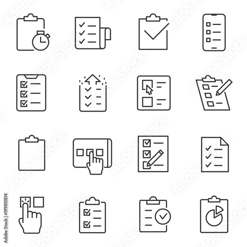 Checklist, testing and polling icons set. linear design. Line with editable stroke