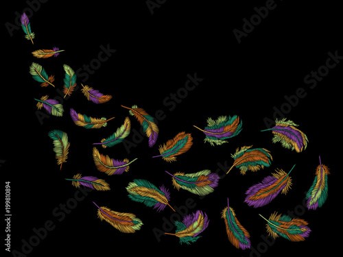 Colorful feathers embroidery seamless pattern. Boho tribal clothes indian bird classic embroidered background. Fashionable template design vector illustration