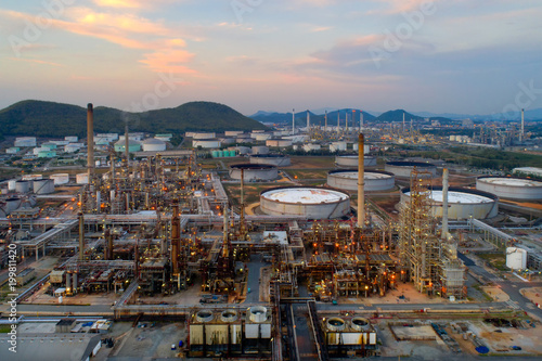 Aerial view of twilight of oil refinery ,Shot from drone of Oil refinery and Petrochemical plant at dusk , Bangkok, Thailand. © Getty Gallery