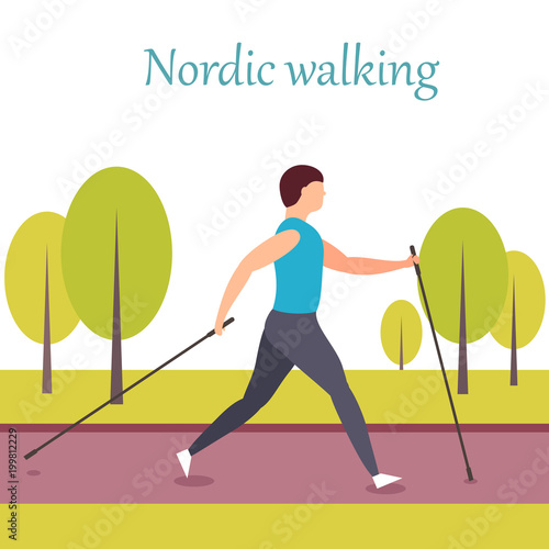 Nordic walking. Healthy lifestyle. Vector.