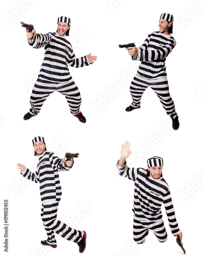 Prison inmate with gun isolated on white