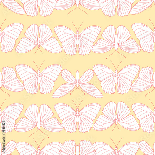 Seamless pattern of butterflies on a light yellow background. Vector illustration.