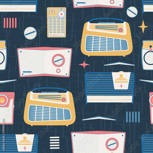 Vector Primary Dark Navy Vintage Radios Seamless Pattern