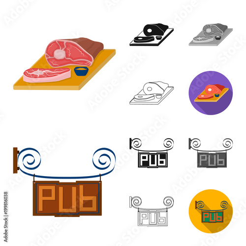 Pub, interior and equipment cartoon,black,flat,monochrome,outline icons in set collection for design. Alcohol and food vector symbol stock web illustration.