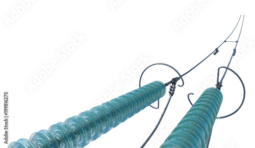 3d illustration support wires and green glass insulators. Electrical network details close-up. Top view from the side. 3d modeling