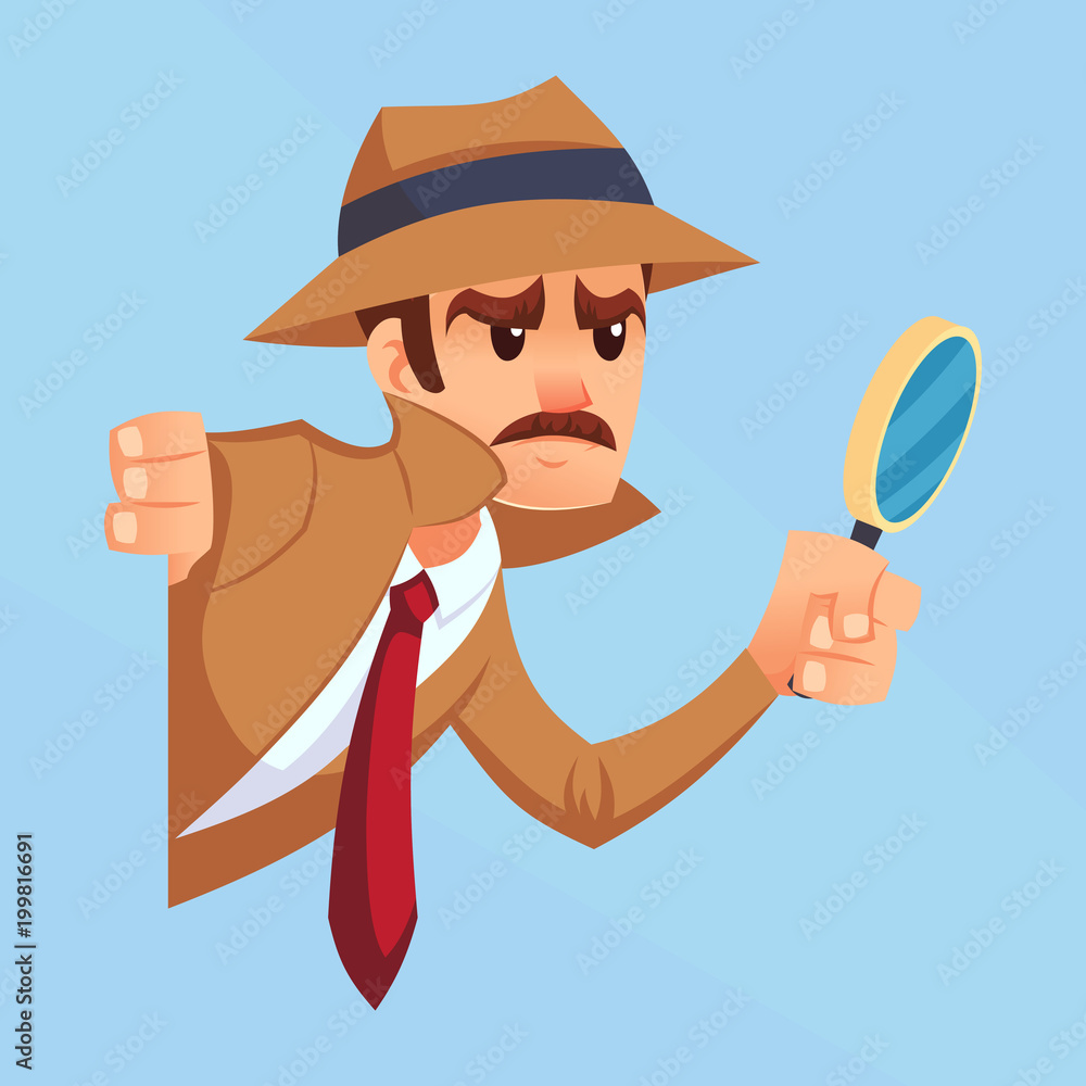 Noir detective with magnifying glass peeking out the corner cartoon flat  design vector illustration Stock Vector | Adobe Stock
