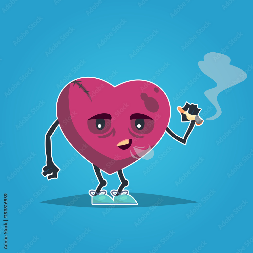Sad unhealthy sick heart smoking cigarette. Vector modern style cartoon